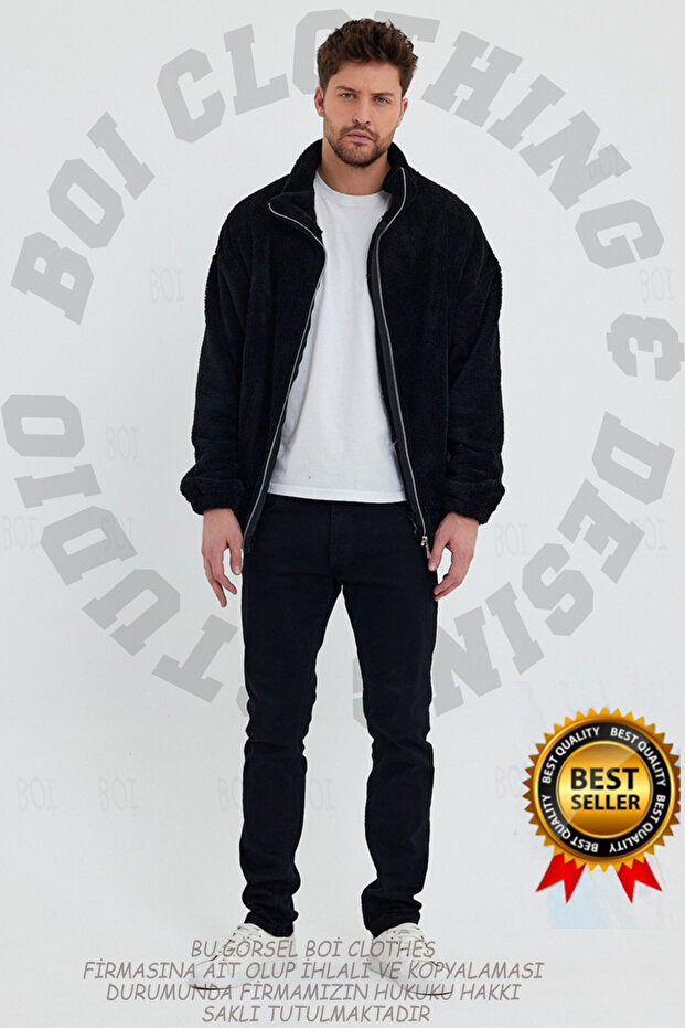 Men's Oversize Zippered Plush Teddy Premium Quality Plain Thick Winter Sports Jacket Cardigan
