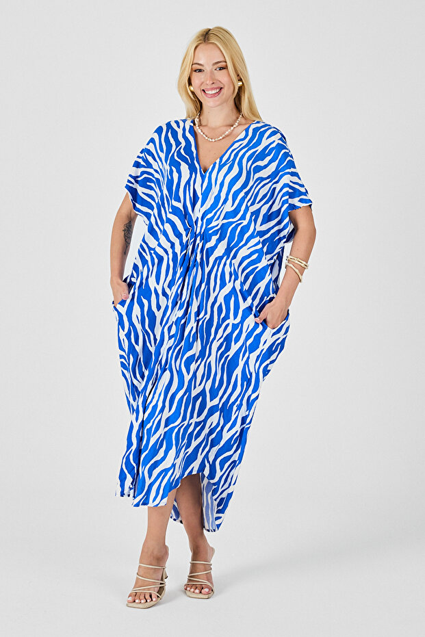 Rochie caftan cu decolteu în V cu model albastru pentru femei BCVL-254024 - 3