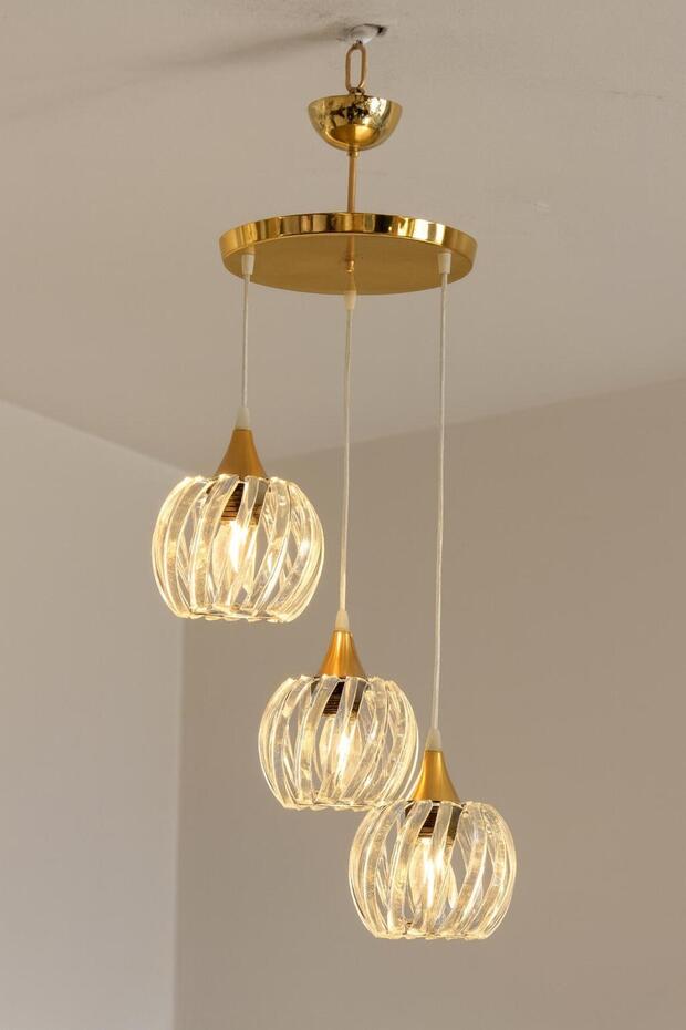 Kristal 3 Lü Yuvarlak Gold Modern Sarkıt Mutfak Oturma Odası Salon Sarkıt Avize. - 1