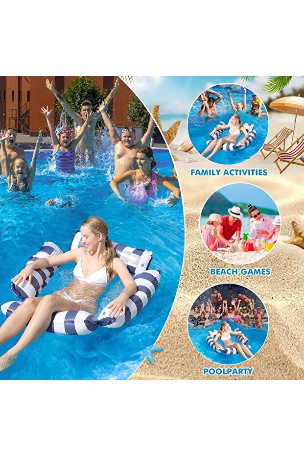 Inflatable Blue Stripe Pattern Pool Float Chair Inflatable Pool Float Hammock Inflatable Cylinder - 4