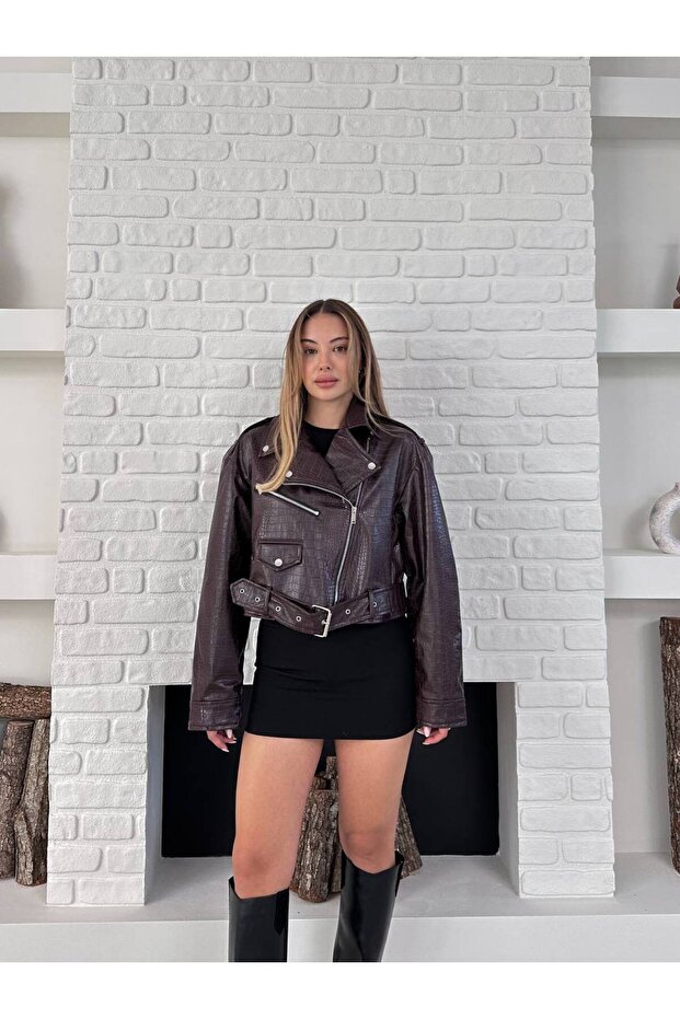Women's Patterned Belt Detailed Zippered Oversized Leather Biker Jacket