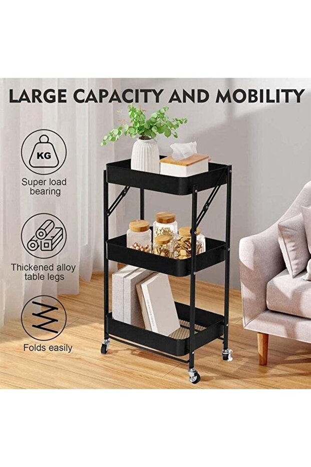 3-Tier Moveable 77L X 46H X 29W Foldable Storage Shelves Black - 3