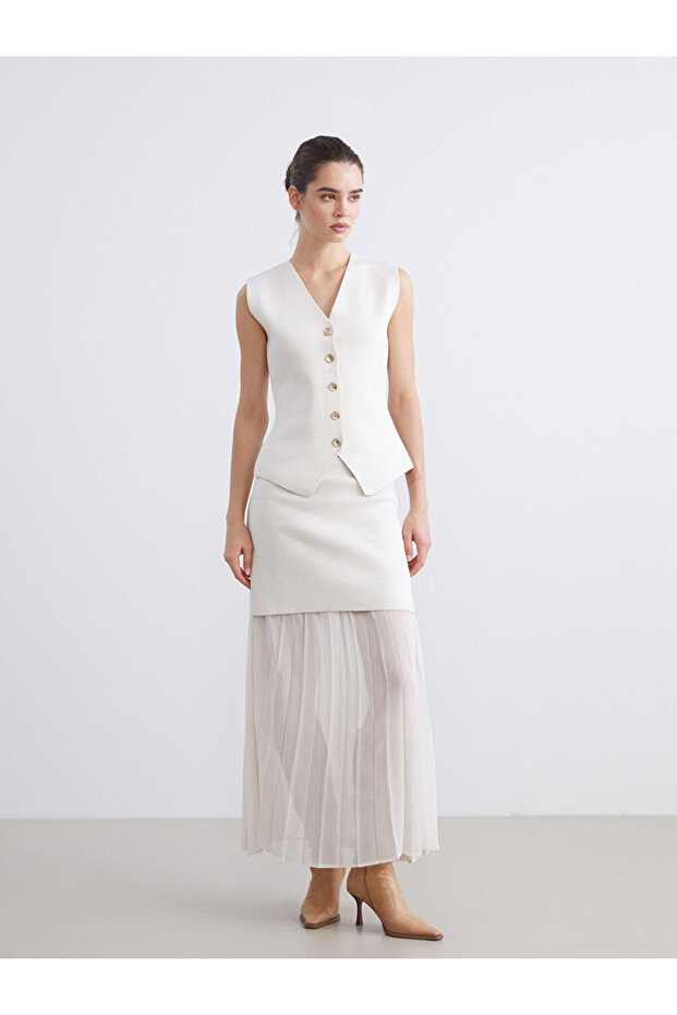 Ekru V Yaka Kadın Triko Yelek - 2