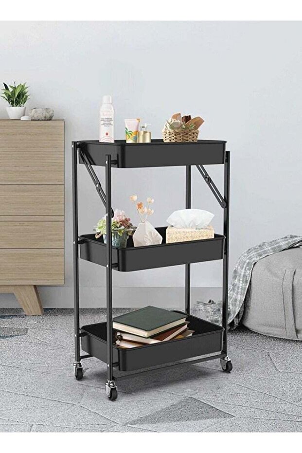 3-Tier Moveable 77L X 46H X 29W Foldable Storage Shelves Black - 1