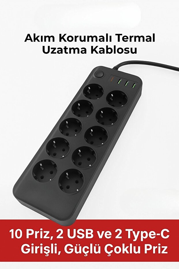 1.BUFFER® Akım Korumalı Termal Uzatma Kablosu – 10 Priz, 2 USB ve 2 Type-C Girişli, Güçlü Çoklu Priz - 1