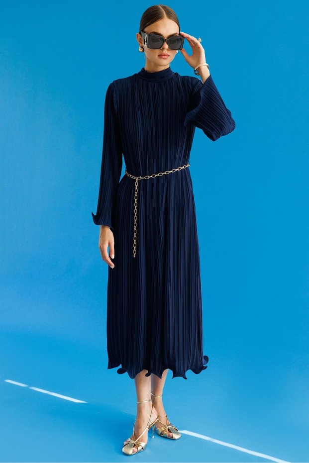 Modailgi Pleated Midi Dress with Skirt and Flounce on the Sleeve Cuff and Chain Belt, Navy Blue