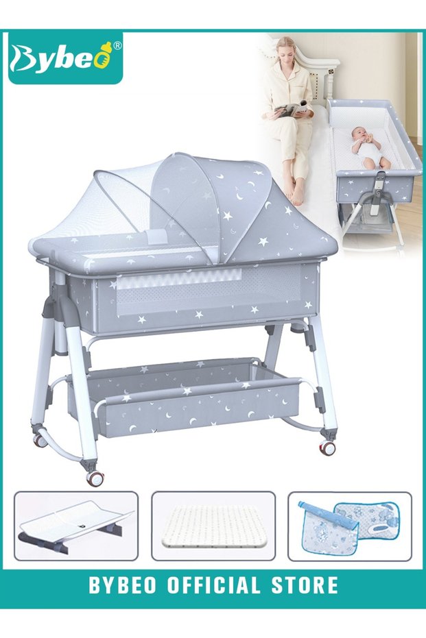 7PCS Baby Bedside Crib, Babies Bed with 360° Swivel Wheels, Portable Folding Bassinet for Infant Newborn, Nursery Beds with Mosquito Net, Mat, Basket, Cooler, Pillow, Diaper Changing Station