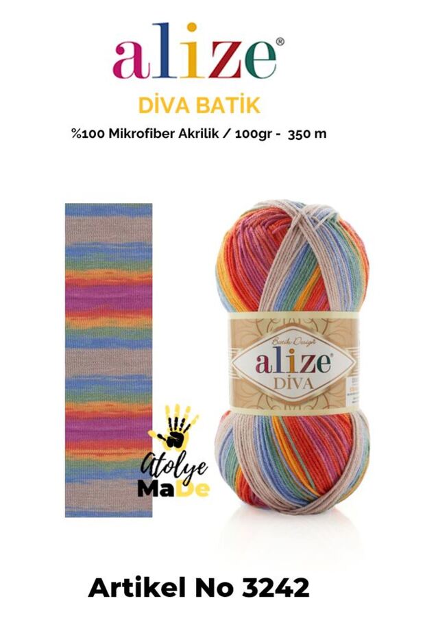 Diva Batik 3242 %100 Mikrofiber Akrilik (100gr 350m) Tek Yumak 17 farklı Batik Renk Seçeneği - 1