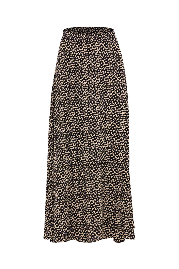 Women's Long Black Beige Leopard Patterned Viscose Skirt