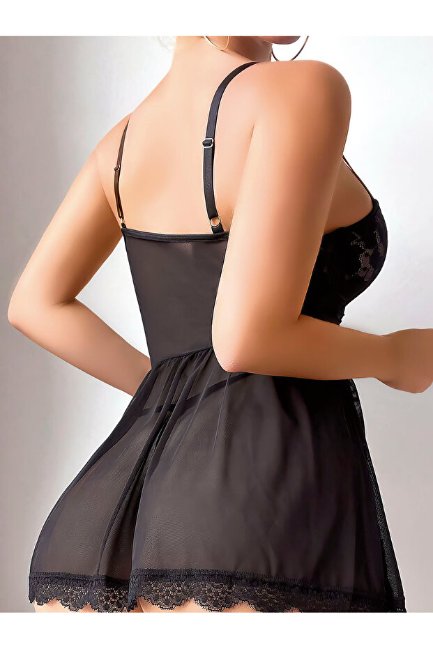 Kadın Siyah Bacak Bantlı Dantelli Gecelik - 2