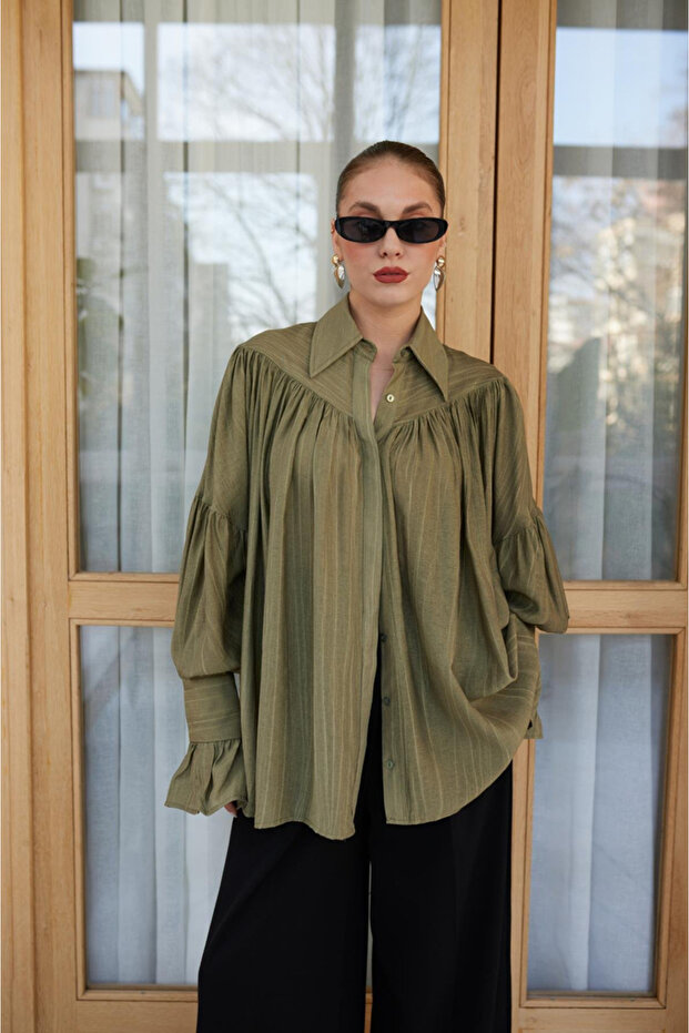 Women's Khaki Ruched Shirt with Sleeve Detail