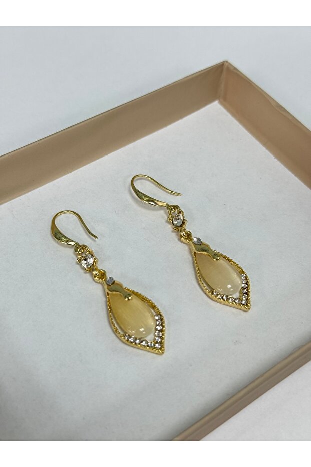 D'Oro Drop-Shaped Cat's Eye Stone Steel Earrings