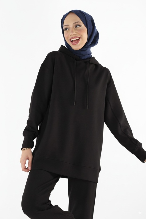 2227_Women's Hijab Hooded Sweatshirt & Pants Tracksuit Set with Finger Slits - Black Sportswear