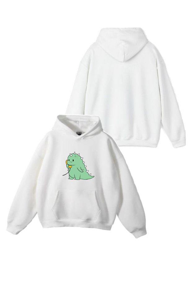 New Season Mini Dino Printed 3 Thread Cotton Hooded Sweatshirt Sebesta Fashion