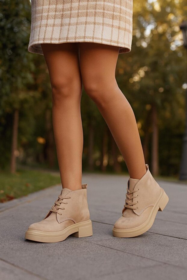 Kalın Poli Taban Bağcıklı Bilekte Kadın Bot & Bootie Süet - 1