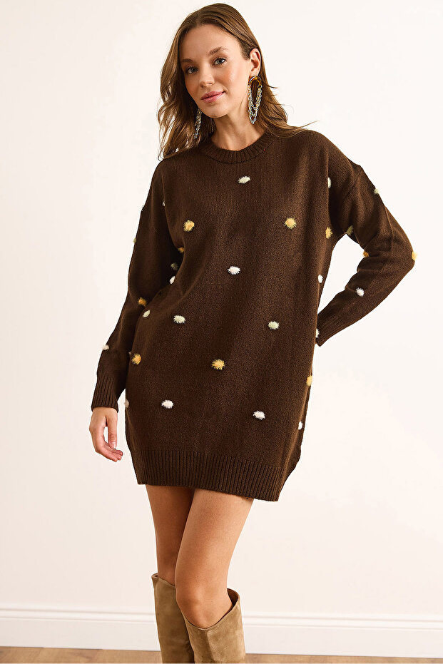 Women's Brown Color Pompom Soft Textured Tunic Dress Elb-19001979