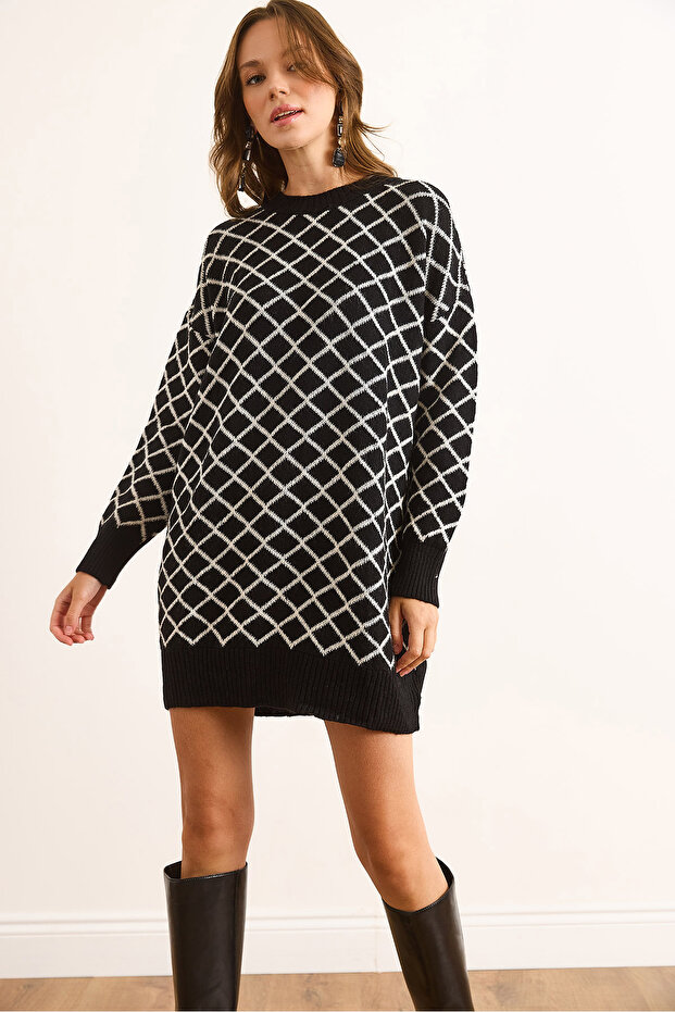 Kadın Siyah Baklava Desen Yumuşak Dokulu Triko Tunik Elbise ELB-19002531 - 4