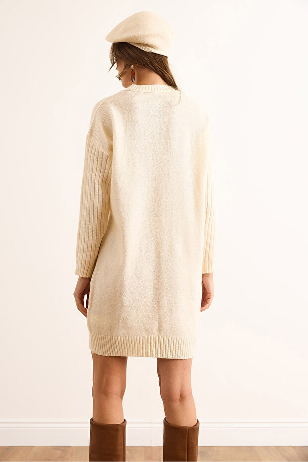 Kadın Ekru Kol Fitilli Önü Saç Örgülü Triko Tunik Elbise ELB-19002532 - 6