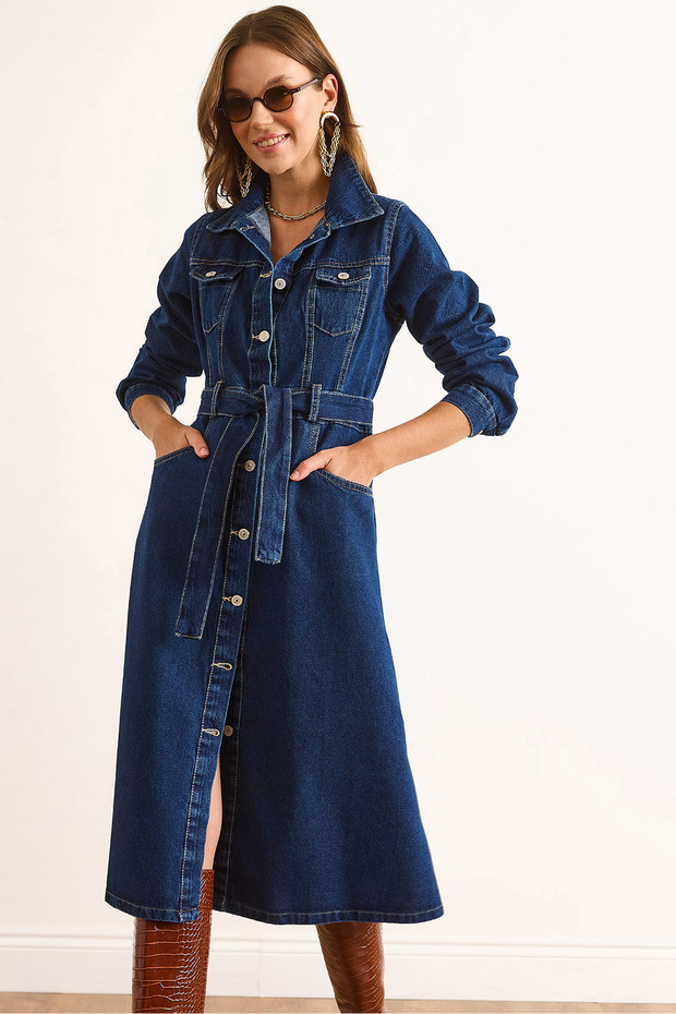Women's Navy Blue Buttoned Pocketed Long Sleeve Denim Dress ELB-19002535