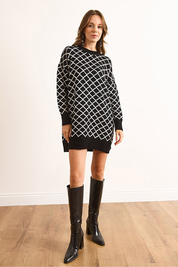 Kadın Siyah Baklava Desen Yumuşak Dokulu Triko Tunik Elbise ELB-19002531 - 2