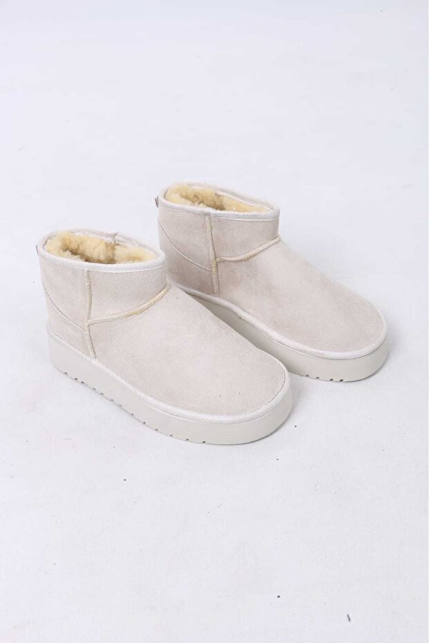 Kadın Krem Süet İçi Kürklü Kalın Taban Mini Bot WSB1116 - 3