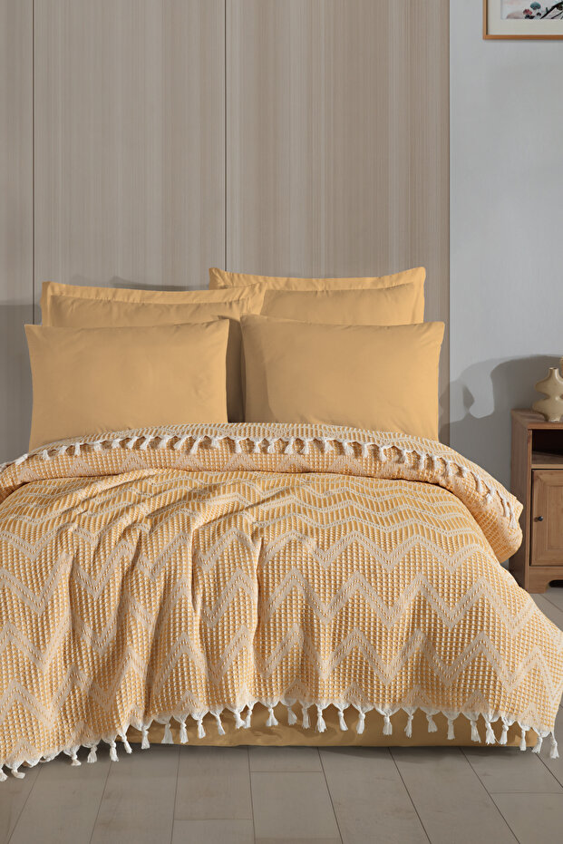 Çok Amaçlı Pike Seti Çift Kişilik Zigzag Hardal (3 Parça) - 1