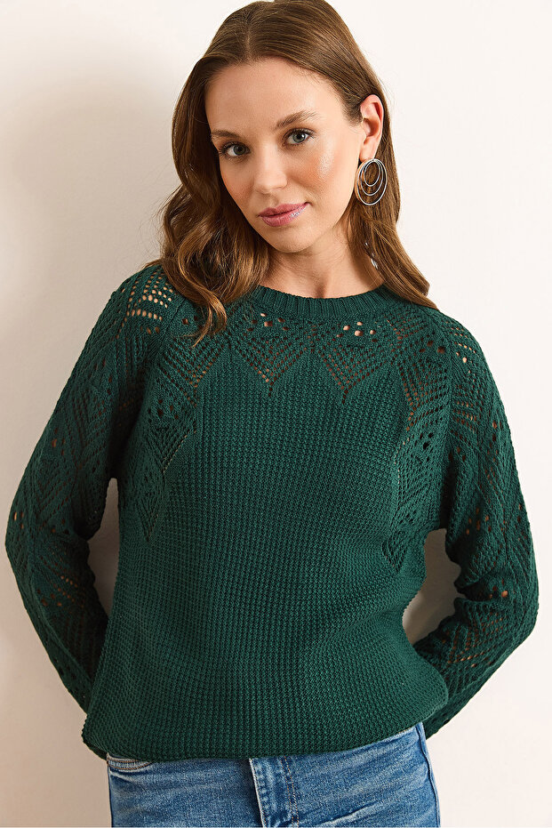 Women's Emerald Green Openwork Detailed Knitwear Blouse Blz-19003090