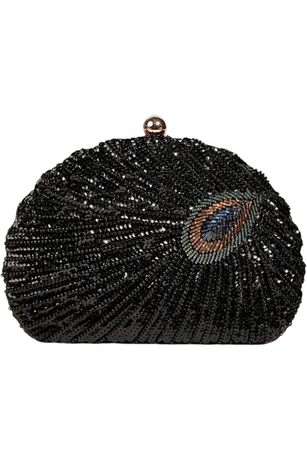 Elegant Peacock Feather Sequin Evening Clutch-Synthetic Material, with Removable Strap-Black