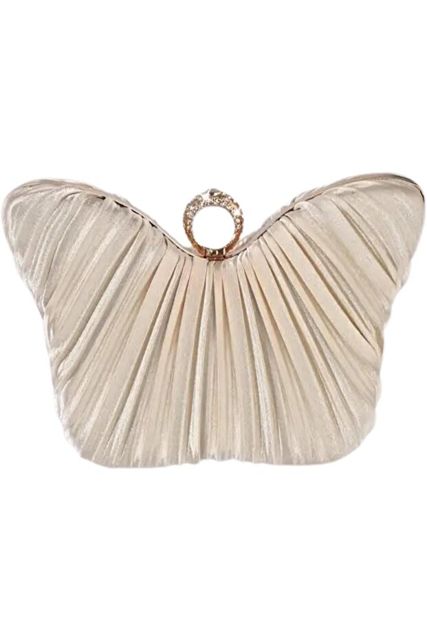 Elegant Champagne Butterfly Clutch – Pleated Ruched Design with Rhinestone Detail