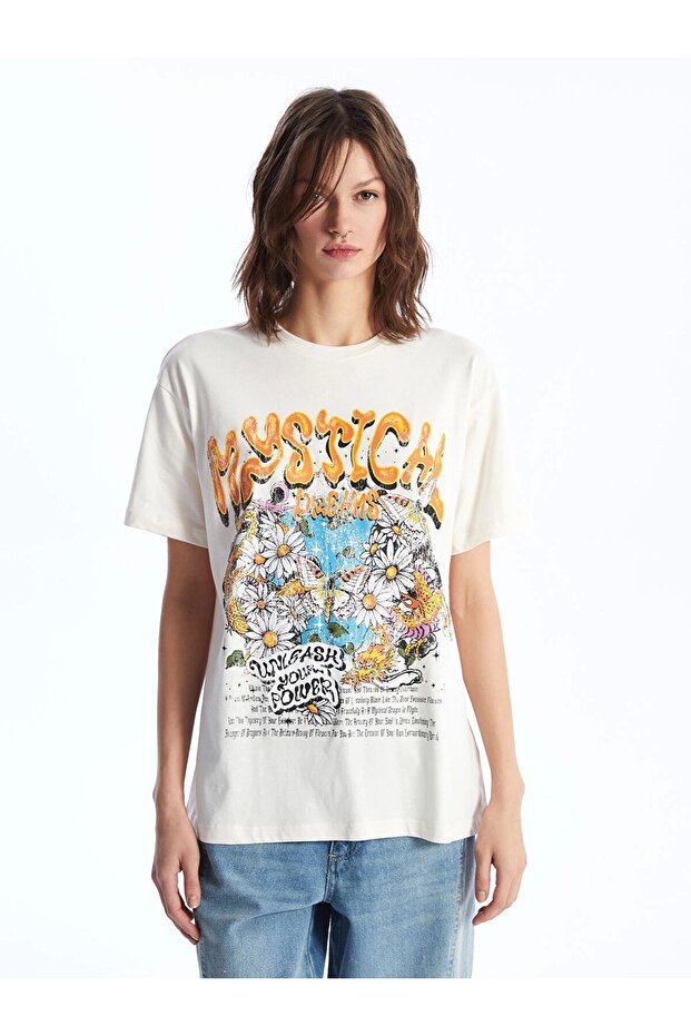 Xside Beige Crew Neck Printed Short Sleeve Women's T-Shirt