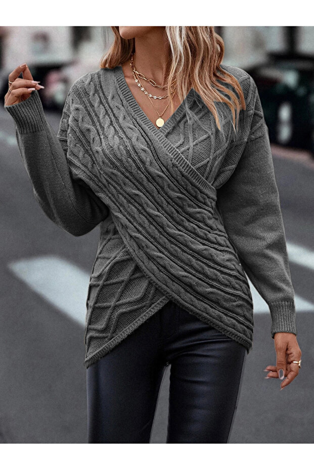 Double-Breasted Collar Braided Patterned Hair Braided Knitwear Kaza Anthracite