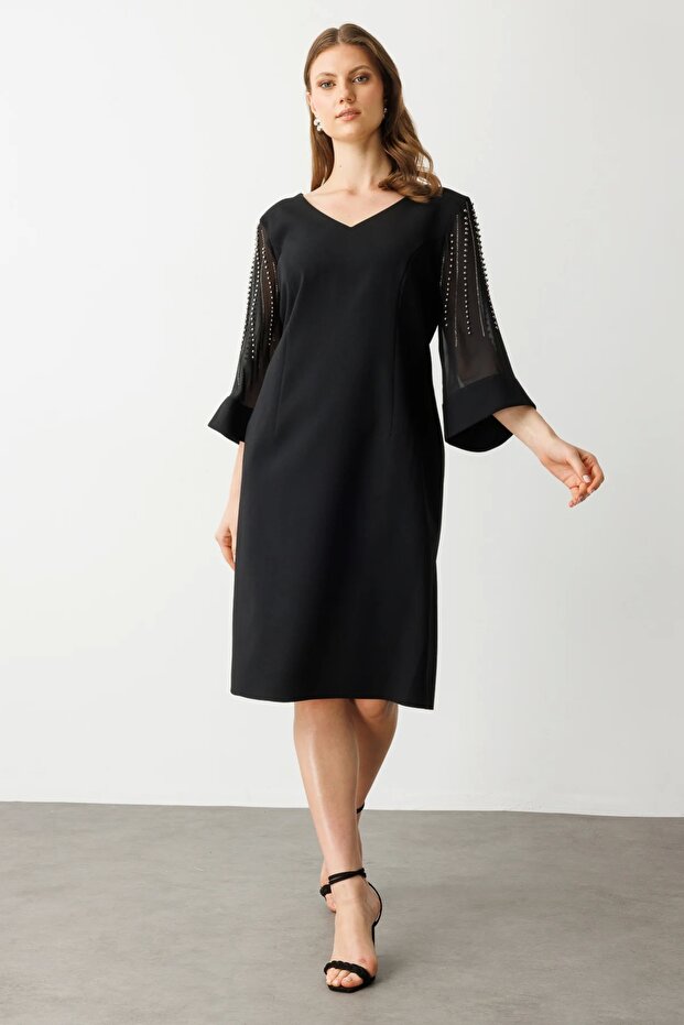 Tulle Beaded Midi Dress with Sleeves Black