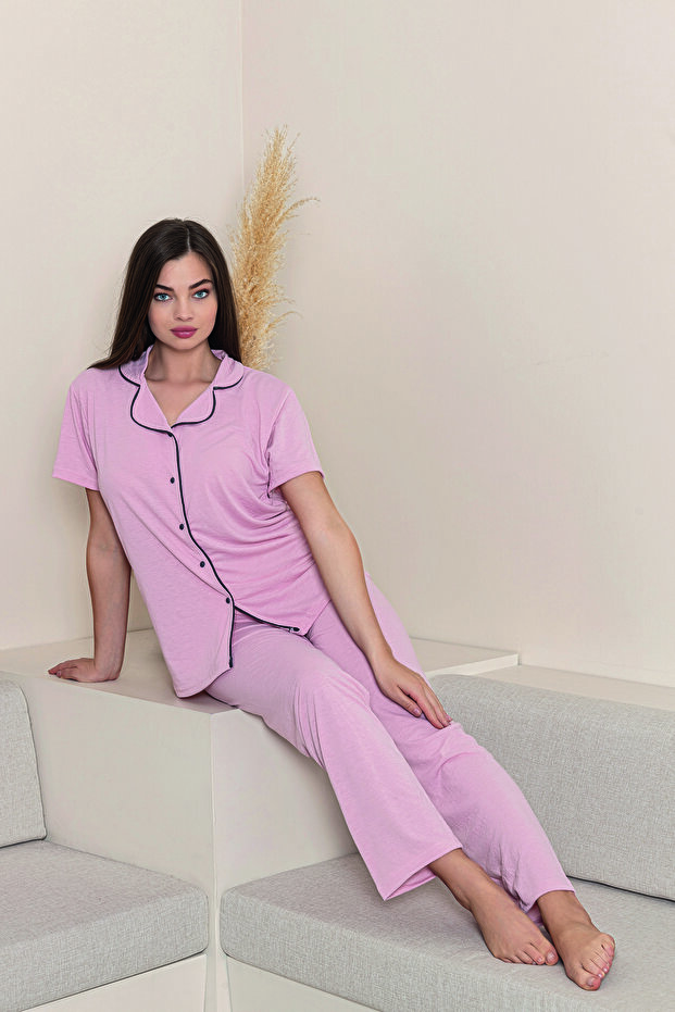 Women's 100% Cotton Piped High-Quality Shirt Collar Buttoned Short-Sleeve Plus Size Pajama Set