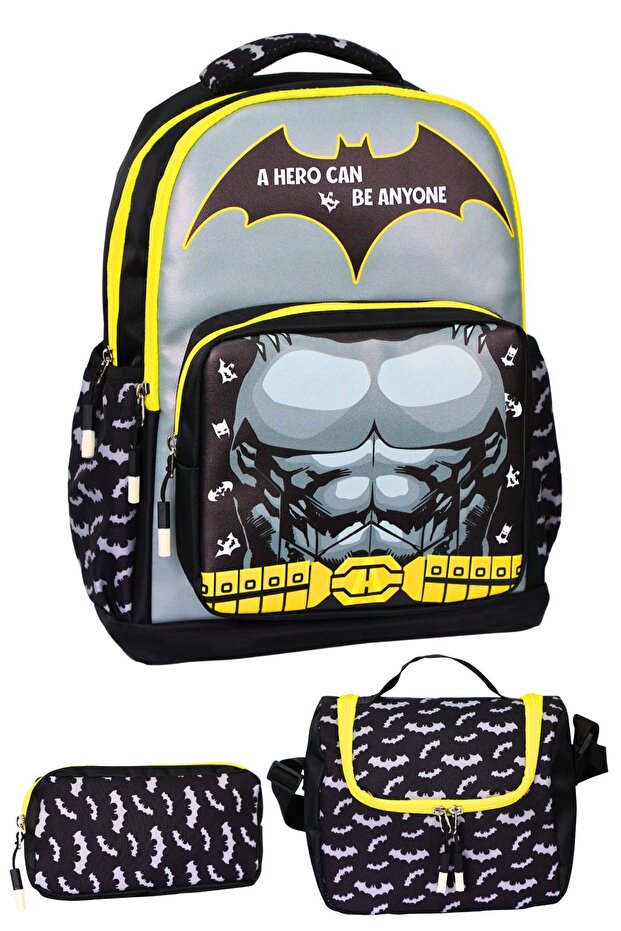 3-Piece Elementary School School Bag for Girls and Boys with Lunchbox and Pen Holder, Black Batman