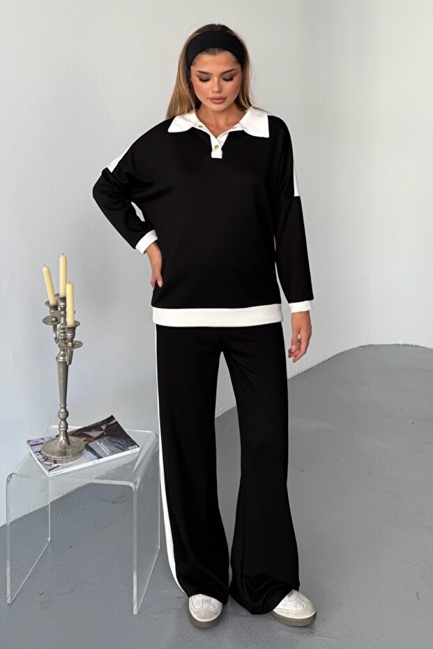 Black Modal Fabric Cotton Double Set - Top and Bottom Set with Buttoned Collar - 8
