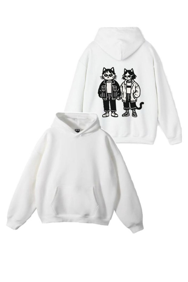 New Season Cats Printed 3 Thread Cotton Hooded Sweatshirt Sebesta Fashion