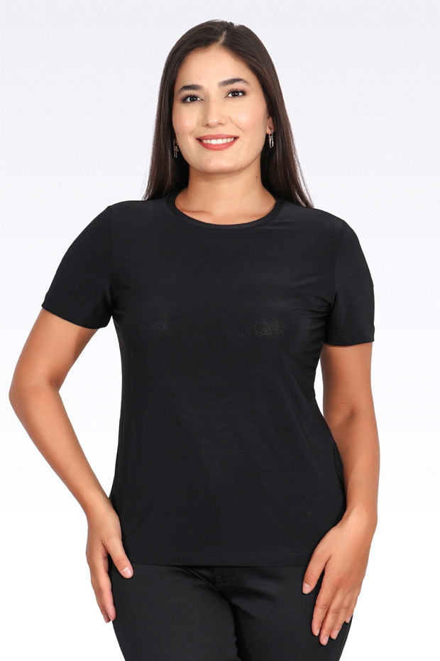 10693 Black Crew Neck Short Sleeve Stylish Fabric Knitted Bluz
