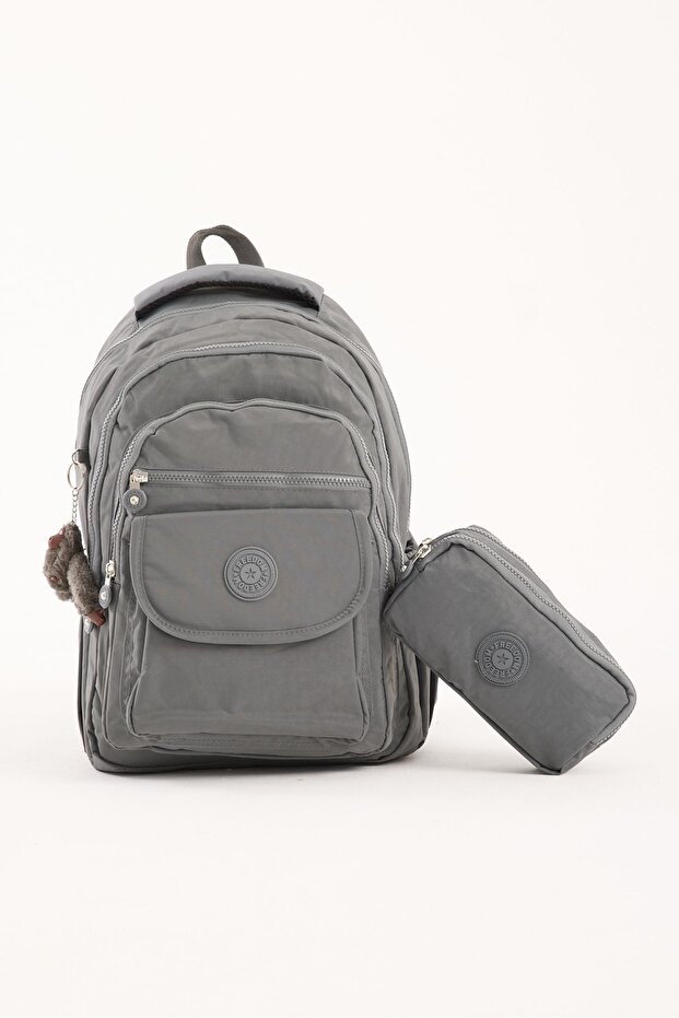 Set of 2 Premium Waterproof Crinkle Fabric High School and Middle School Backpack + Pen Holder, Gray +1