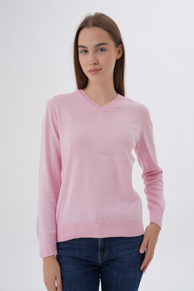 Women's Pink 100% Organic Cotton V-Neck Knitwear Sweater Blouse Trıst-6102