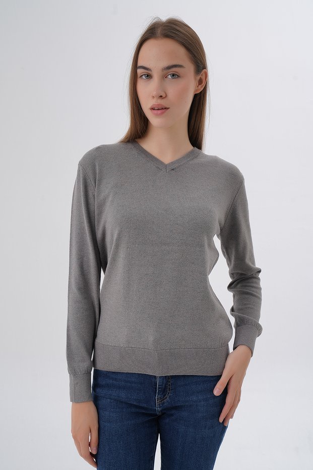 Women's Ash 100% Organic Cotton V-Neck Knitwear Sweater Blouse Trıst-6102
