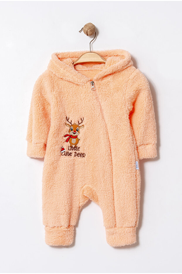 Winter Sweet Reindeer Embroidered Hooded Welsoft Zippered Baby Jumpsuit