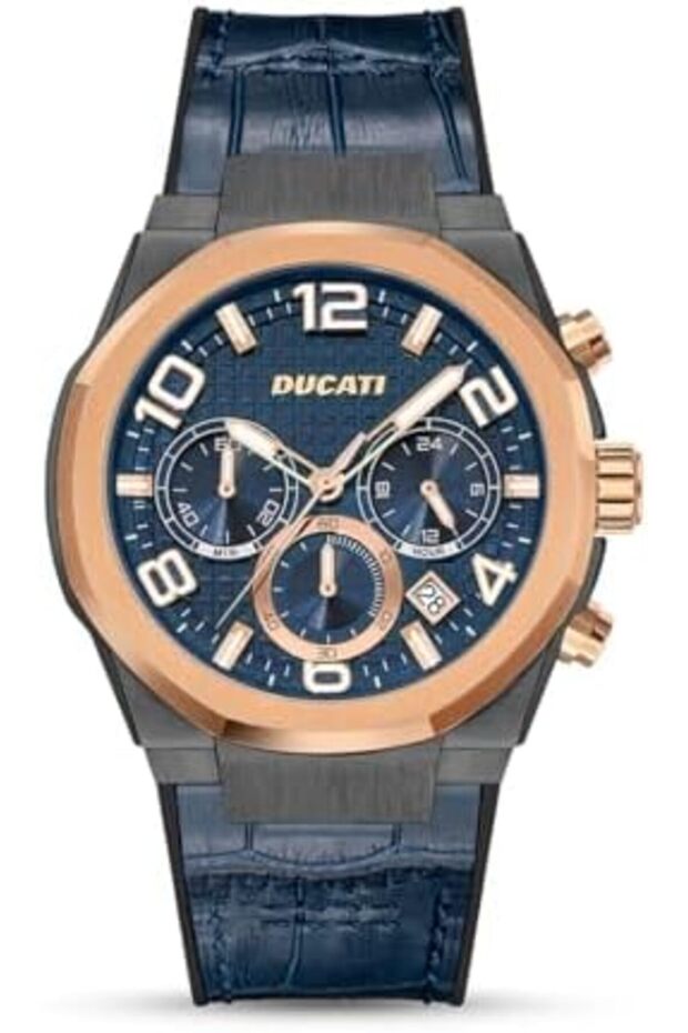 DT006 Chronograph Watch - 43.5MM Multi-Layered Blue Dial, Blue Leather Strap with Silicone Ba
