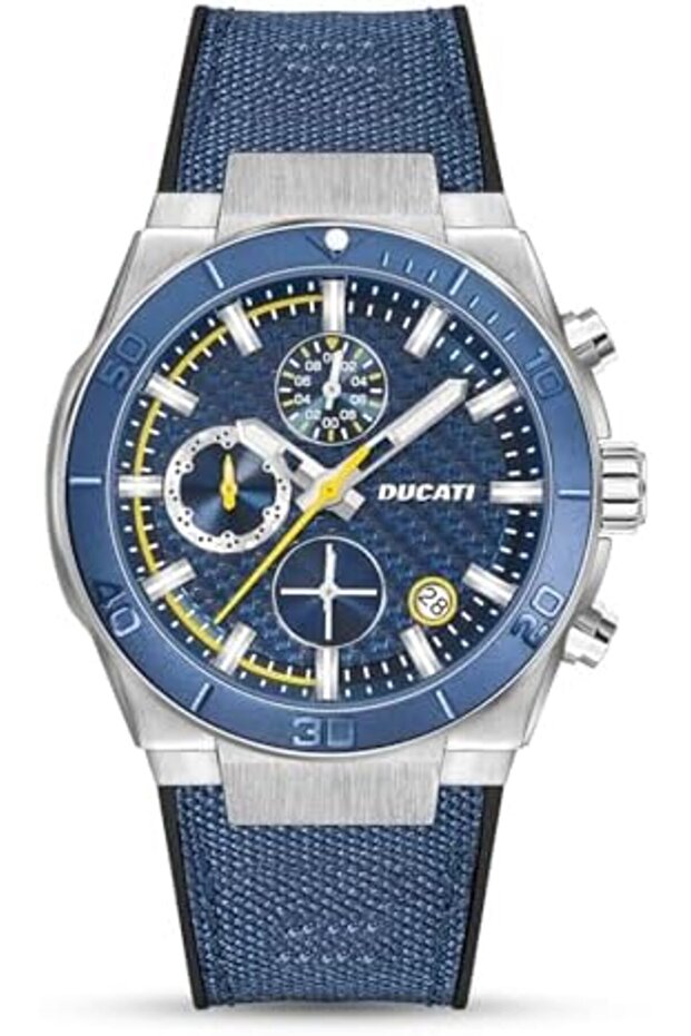 DT007 Chronograph Watch - 43.5MM Blue Textured Dial with Yellow Accents, Blue Leather Strap,