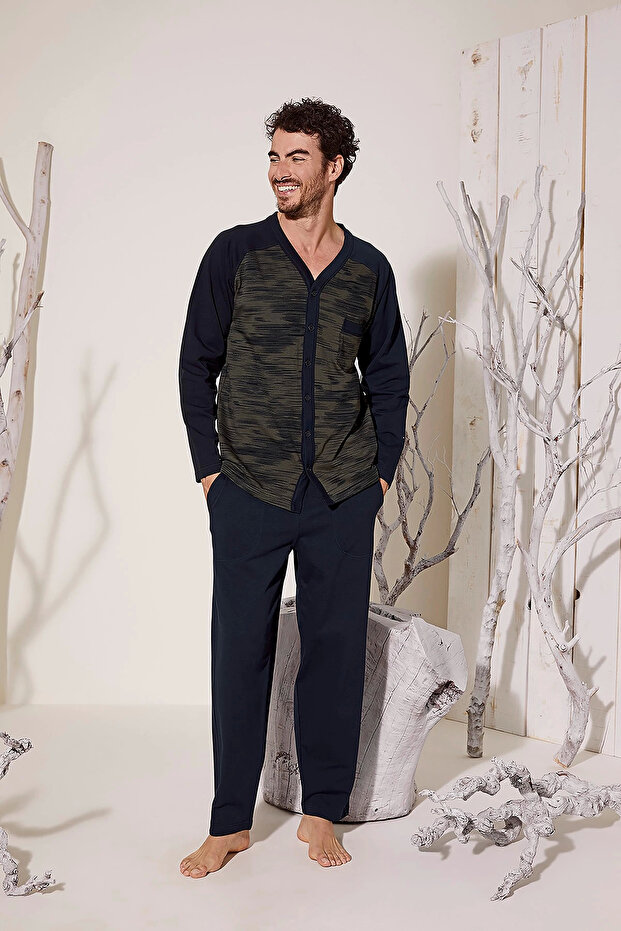Kocabey 8025 Men's V-Neck Full-Length Buttoned Pajama Set