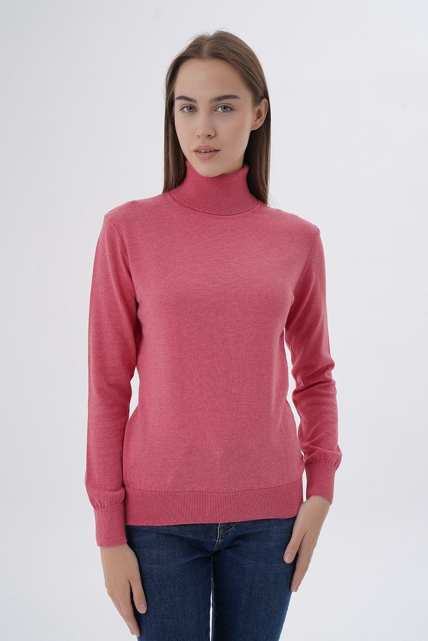Women's Dark Pink 100% Organic Cotton Turtleneck Knitwear Sweater Knitted Blouse Trist-6103