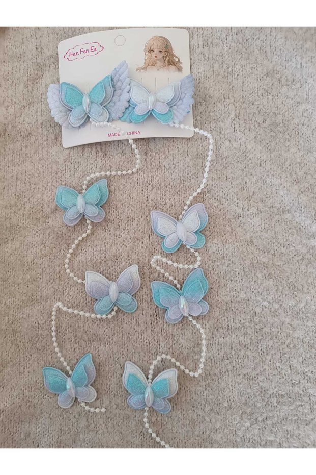 Set of 2 Children's Hair Clips with Silvery Butterfly Figures and Pearl Charms (40 cm)