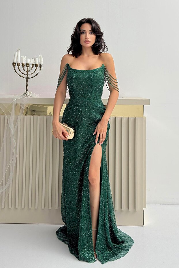 Emerald Beaded Embroidered Strapless Evening Dress with Sleeve Detail