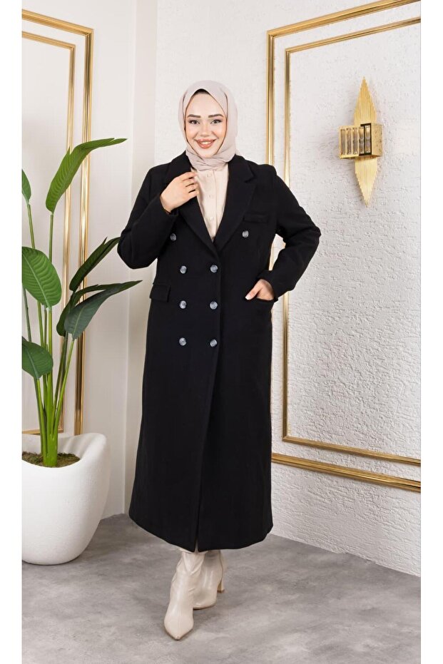 Women's Lined Buttoned Pocket Long Black Cashmere Coat