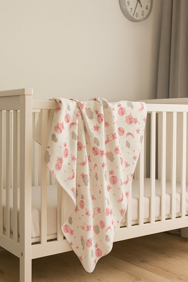 100% Cotton Muslin Baby Blanket 100X100 cm - Double Sided Pink Moon and Star Pattern