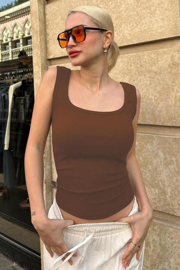 Kahve Fitilli Görünümlü Askılı Basic Atlet SH210 - 2